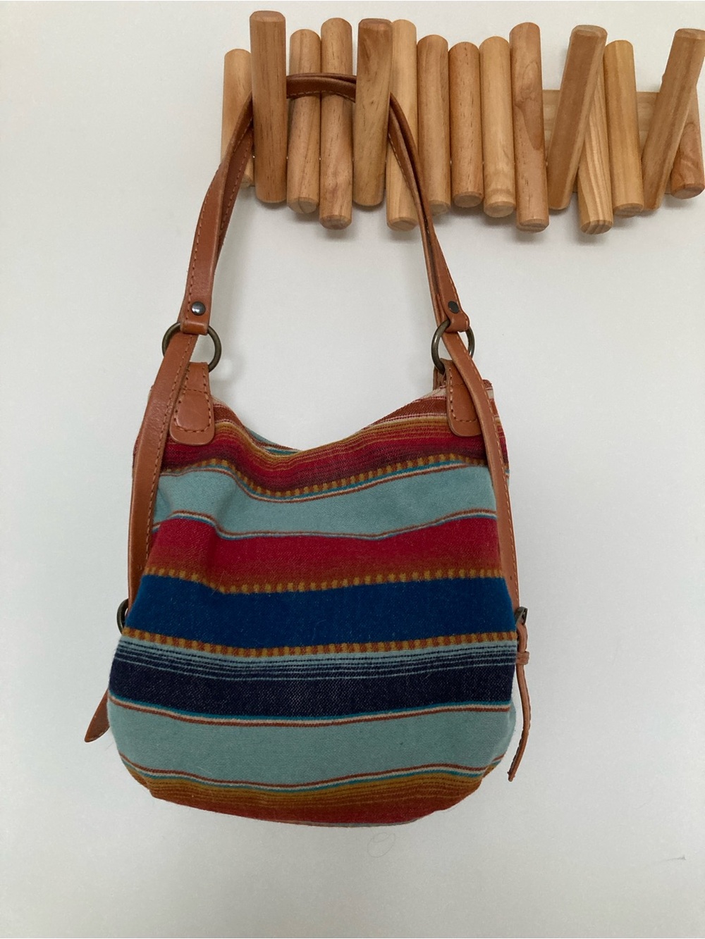 Pendleton Striped Canvas Shoulder Bag with Tan Leather Trim